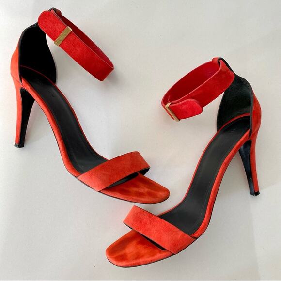 CELINE PARIS Italy Red Suede Gold Stiletto Ankle Strap High Heel Sandals 37 - Picture 1 of 14